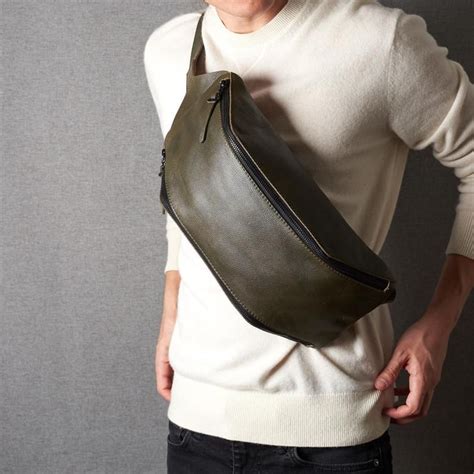 Green Leather Sling Backpack Shoulder Bag Men Single Strap Fanny Pack