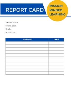 Report Card Grade Card By Resources For Mission Minded Learning Tpt