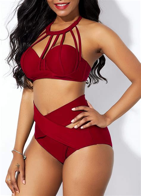 High Waist Cross Front Cage Neck Bikini Set Rosewe Usd