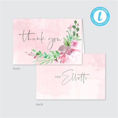 Editable Folding Thank You Card Template 4x6 Watercolor Florals Blush ...