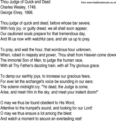 Hymn And Gospel Song Lyrics For Thou Judge Of Quick And Dead By Charles Wesley