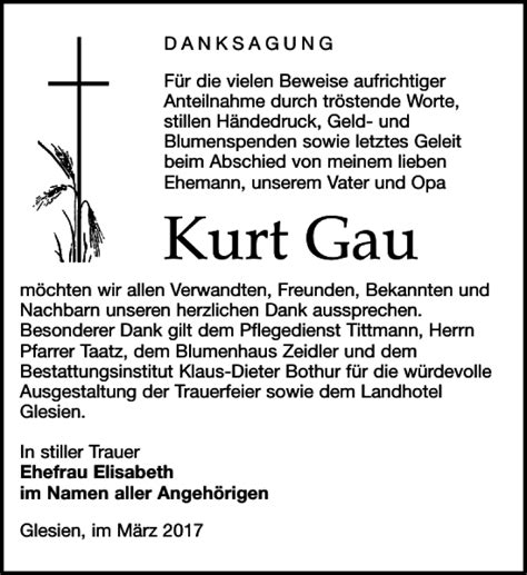 Traueranzeigen Von Kurt Gau Trauer Anzeigen De