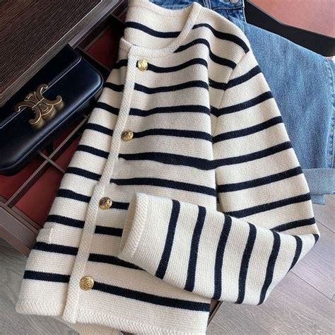 Korean Fashion Sweater Cardigan White Black Striped Knitted Sweater Wo