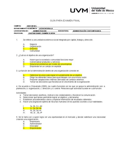 GUIA DE Estudio Examen Final 2 GUÍA PARA EXAMEN FINAL CAMPUS SAN