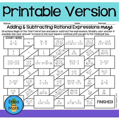 Adding Subtracting Rational Expressions Activity Printable Digital