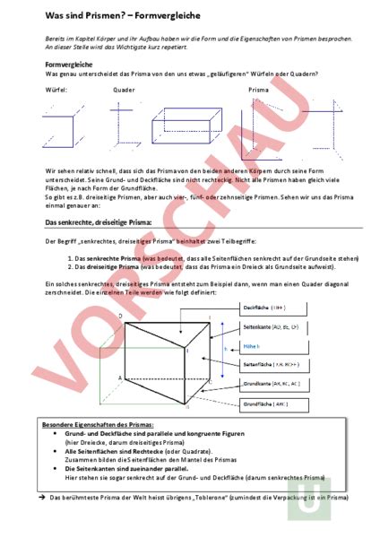 Arbeitsblatt Prismen Teorie Geometrie Körper Figuren