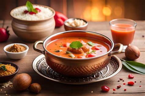 Premium Photo | A bowl of red soup with nuts on a table