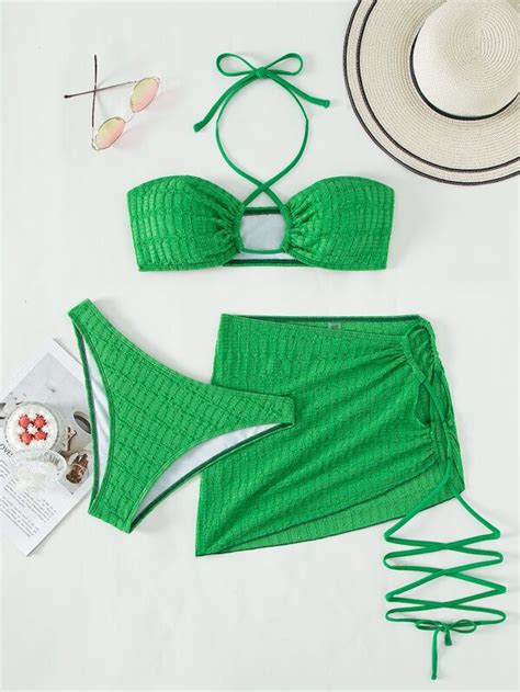 Shein Swim Bae Conjunto De Bikini Texturizado Sujetador Sin Espalda