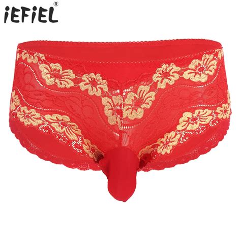 Gay Mens Erotic Lingerie Sissy Underwear Flower Embroidery Lace Briefs Panties Crotchless Bulge