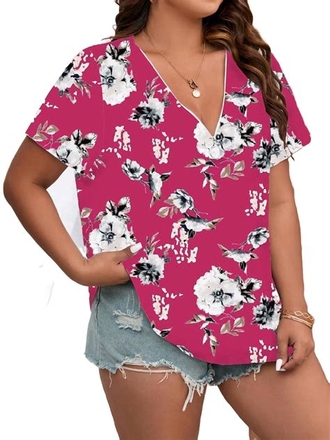 Casual All Over Print V Neck Tee Short Sleeve Hot Pink Plus Size T