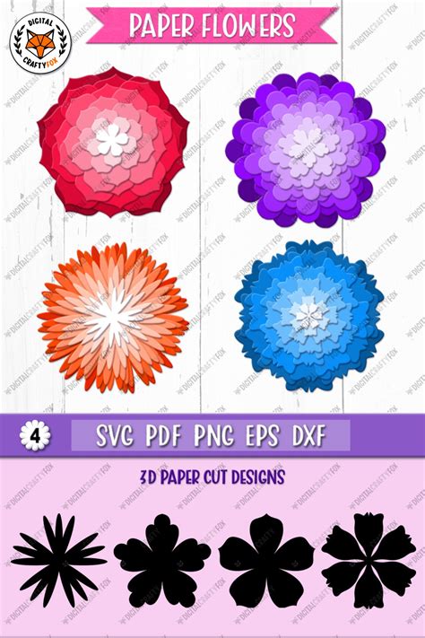 3D Paper Flowers SVG, Flowers Silhouette SVG