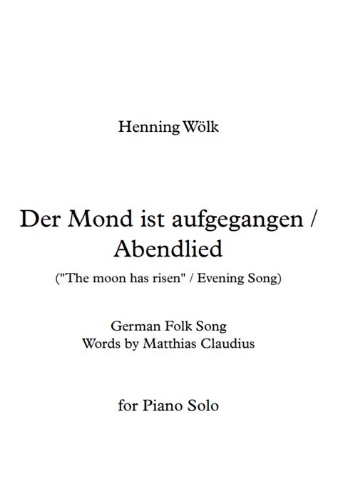 Der Mond ist aufgegangen Abendlied Arrangement für Klavier solo