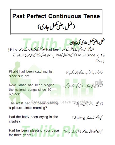 Past Perfect Continuous Tense In Urdu And English Exercise Example