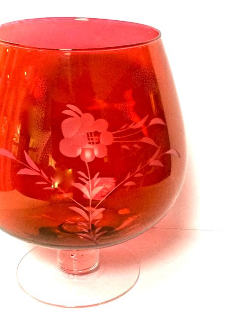 Vintage Etched Cranberry Glass Snifter Bowl 9x8in Luster Cherry Red Etched Floral Footed Rose