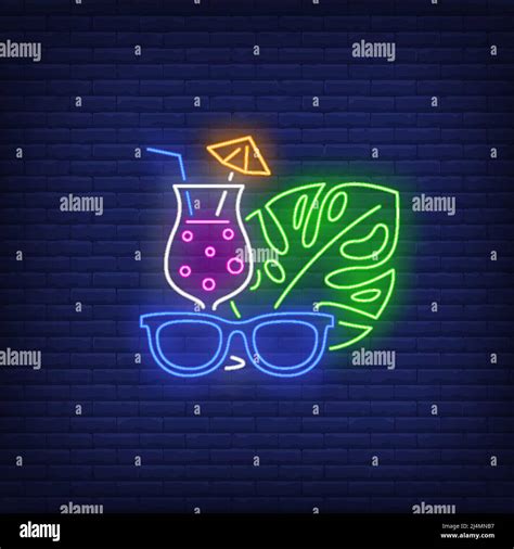 Sunglasses Cocktail And Tropical Plant Leaf Neon Sign Tourism Vacation Travel Summer Design