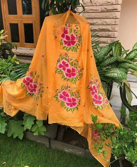 Mustard Punjabi Suit Hand Paint With Tabi Silk Dupatta Fabric Paint