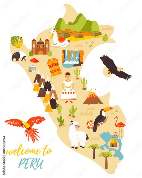 Tourist map of Peru with different landmarks Stock Vector | Adobe Stock