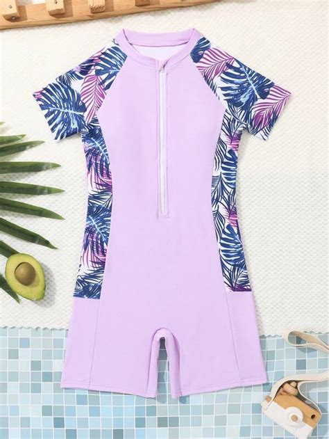 Girls Plant Print Zipper Front One Piece Swimsuit Shein Usa