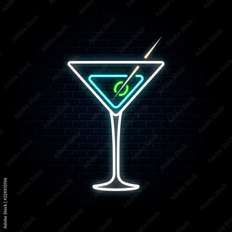 Neon Martini Glass With Olive Vector Isolated Illustration Icon For