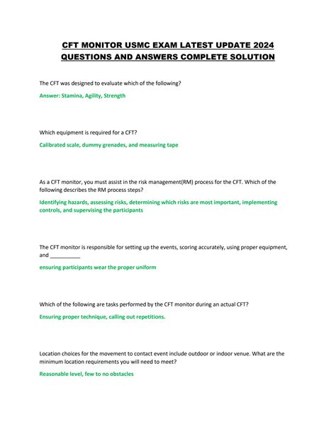 SOLUTION Cft Monitor Usmc Exam Latest Update 2024 Questions And