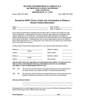 Fillable Online Receipt For Hippa Privacy Notice And Authorization To