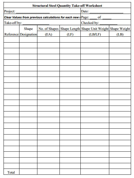 Estimating Structural Steel Structural Steel Takeoff Spreadsheet