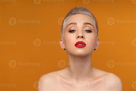 Fashion Portrait Woman With Short Hair Red Lips And Naked Shoulders