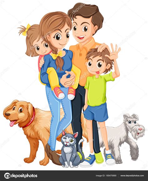 Familia Con Dos Hijos Y Mascotas Vector De Stock De