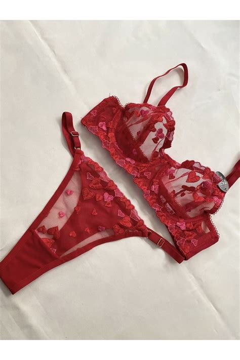 arona lingerie Balenli Sütyen Takımı Kırmızı Kalpli Dantelli Iç Çamaşırı Takımı Lingerie Haven