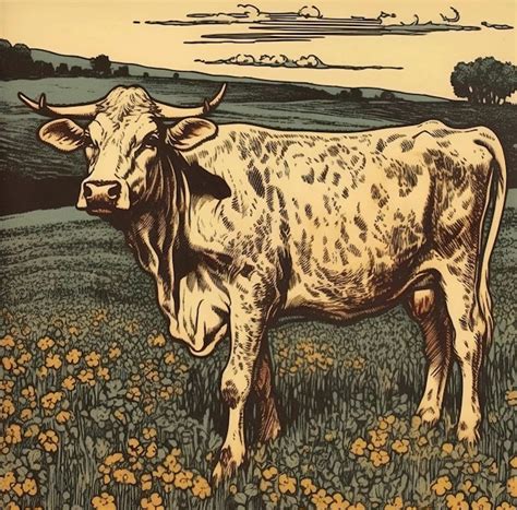 Una Pintura Ilustrativa De Una Vaca En Un Campo Con Flores Amarillas En