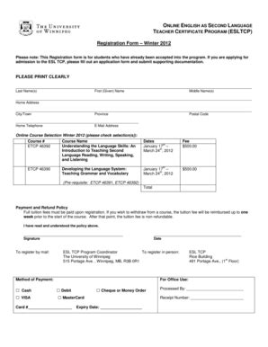 Fillable Online Uwinnipeg ESLTCP Online Registration Form Winter 2012