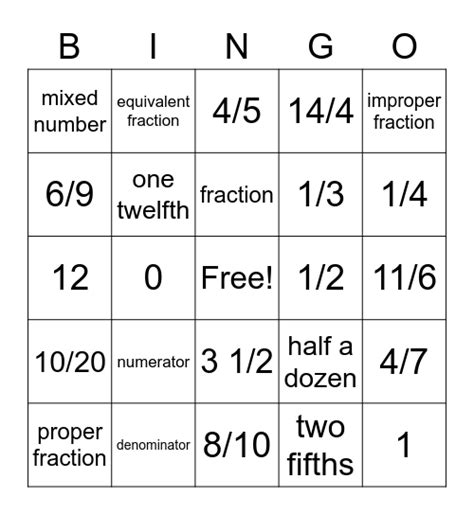 Fractions Bingo Card