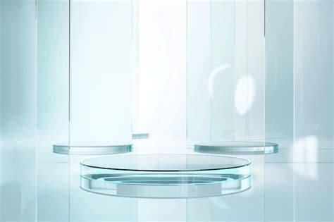 A Minimalist 3D Rendering Of Three Glass Platforms Against A White