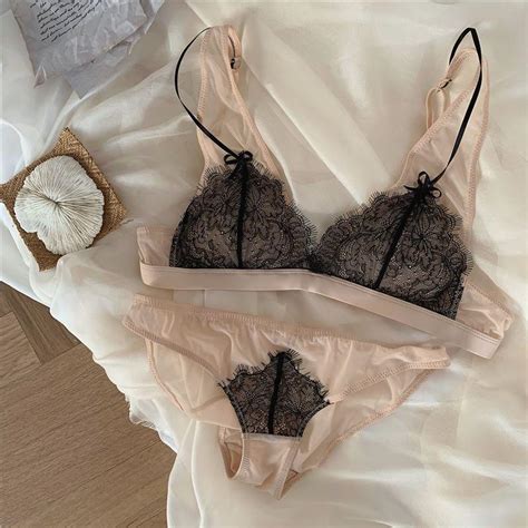 Instocks Lace Panel Triangle Bra Panties Underwear Piece Set Nude Beige X Black Women S