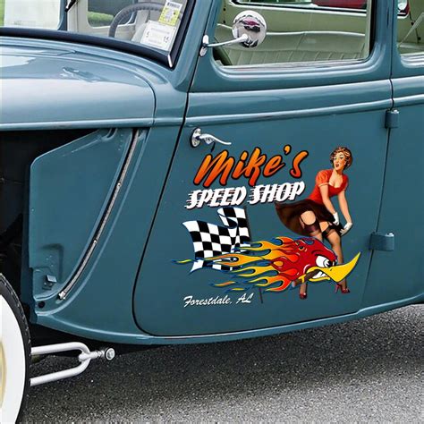 Personalized Hot Rod Pin Up Girl With Racing Flag Speed Shop Sticker Dingmun