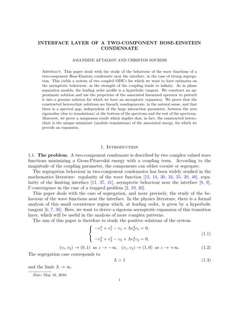 Pdf Interface Layer Of A Two Component Bose Einstein Condensate