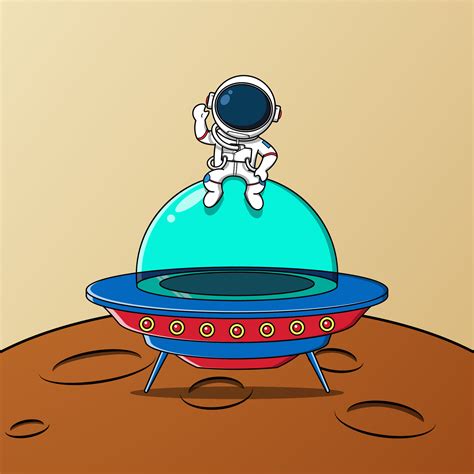 Cute Astronaut Sitting On Ufo Spaceship And Waving Vector Illustration