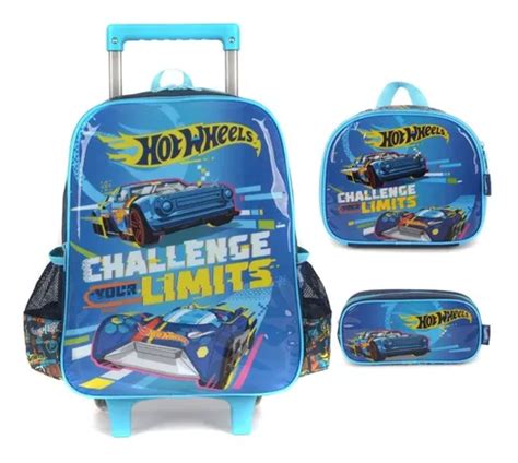 Kit Mochila Escolar Hot Wheels Rodinhas Lancheira Estojo Parcelamento Sem Juros