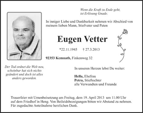 Traueranzeigen Von Eugen Vetter Trauer Nn De