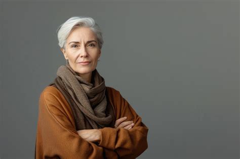 Premium Photo Portrait Of Beautiful Mature Woman Standing Against Grey Background