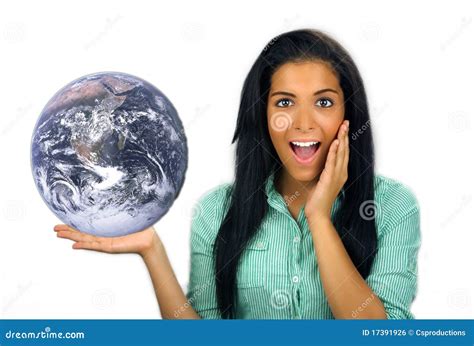 Beautiful Excited Teen Latina Holds The Earth Stock Photo Image Of Attractive Cosmetics