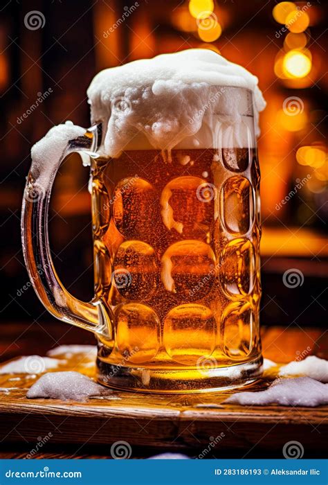 Beer Mug Overflowing With Foam On A Rustic Wooden Table In A Pub