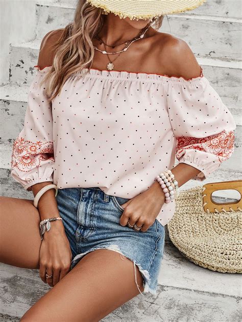 Shein Vcay Polka Dot Floral Print Off Shoulder Frill Trim Lantern