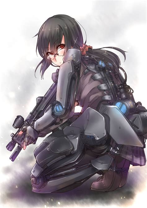 Wallpaper Gun Long Hair Anime Girls Glasses Weapon Black Hair Armor Red Eyes Meganekko