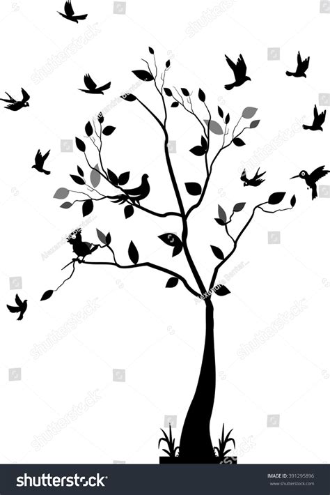 Tree Silhouette Birds Flying Bird Cage Stock Vector (Royalty Free ...