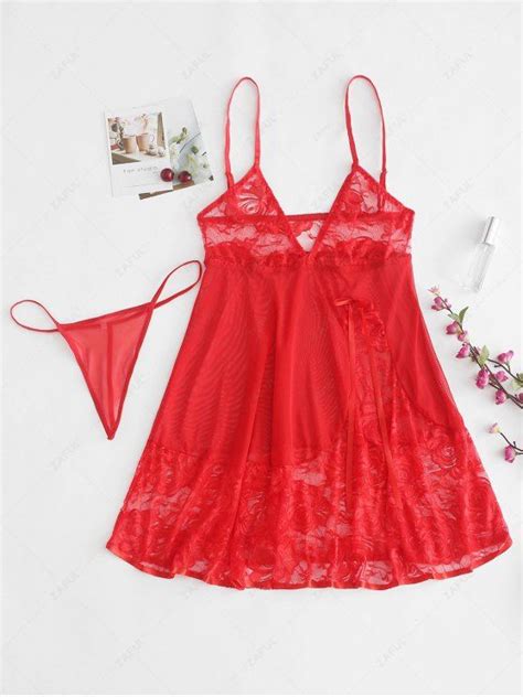 31 OFF 2021 Sheer Lace Babydoll Slip Dress Lingerie Set In RED ZAFUL