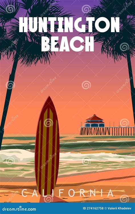 Huntington Beach California Retro Travel Poster Vector Stock Vector