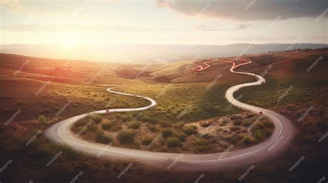 Premium AI Image | A winding road with a sunset in the background