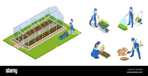 Isometric Gardeners Farmers And Workers Caring For The Garden Growing