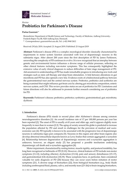 Pdf Probiotics For Parkinsons Disease